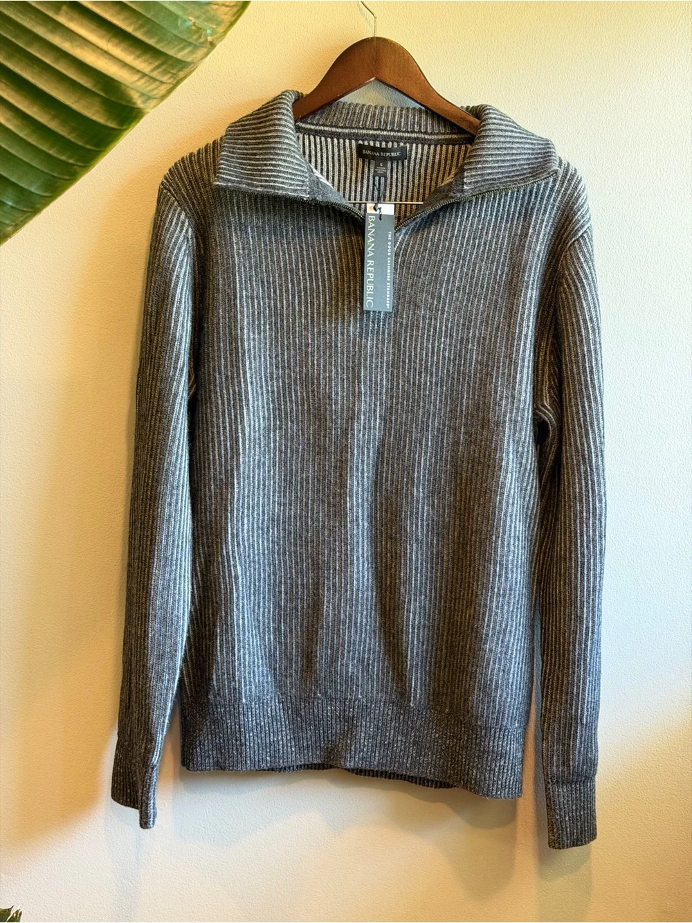 NWT BANANA REPUBLIC RIBBED MERINO HALF-ZIP SWEATER GRAY SMALL